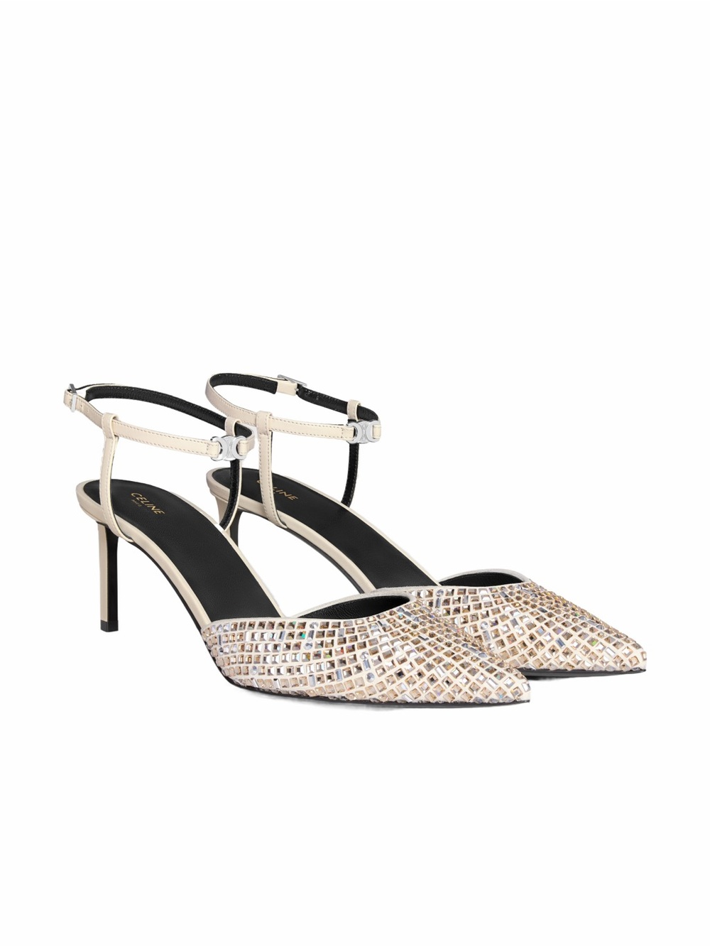 Celine Ivory Crystal-Embellished Pointed Ankle-Strap Pumps